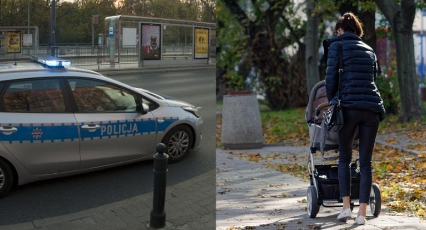 Matka z wózkiem i radiowóz policyjny